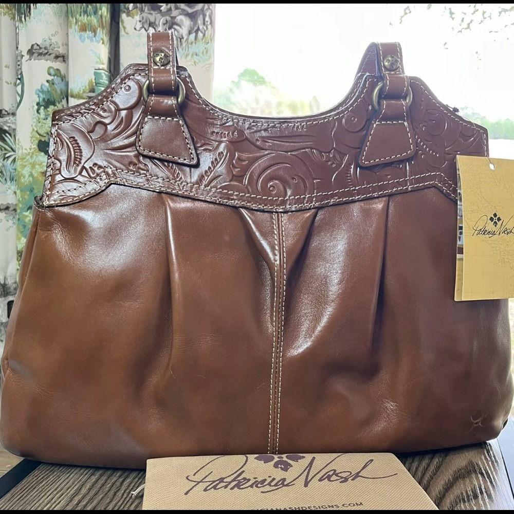 Patricia Nash Napoli Shoulder Satchel Handbag Florence Tan Tooled Leather NWT